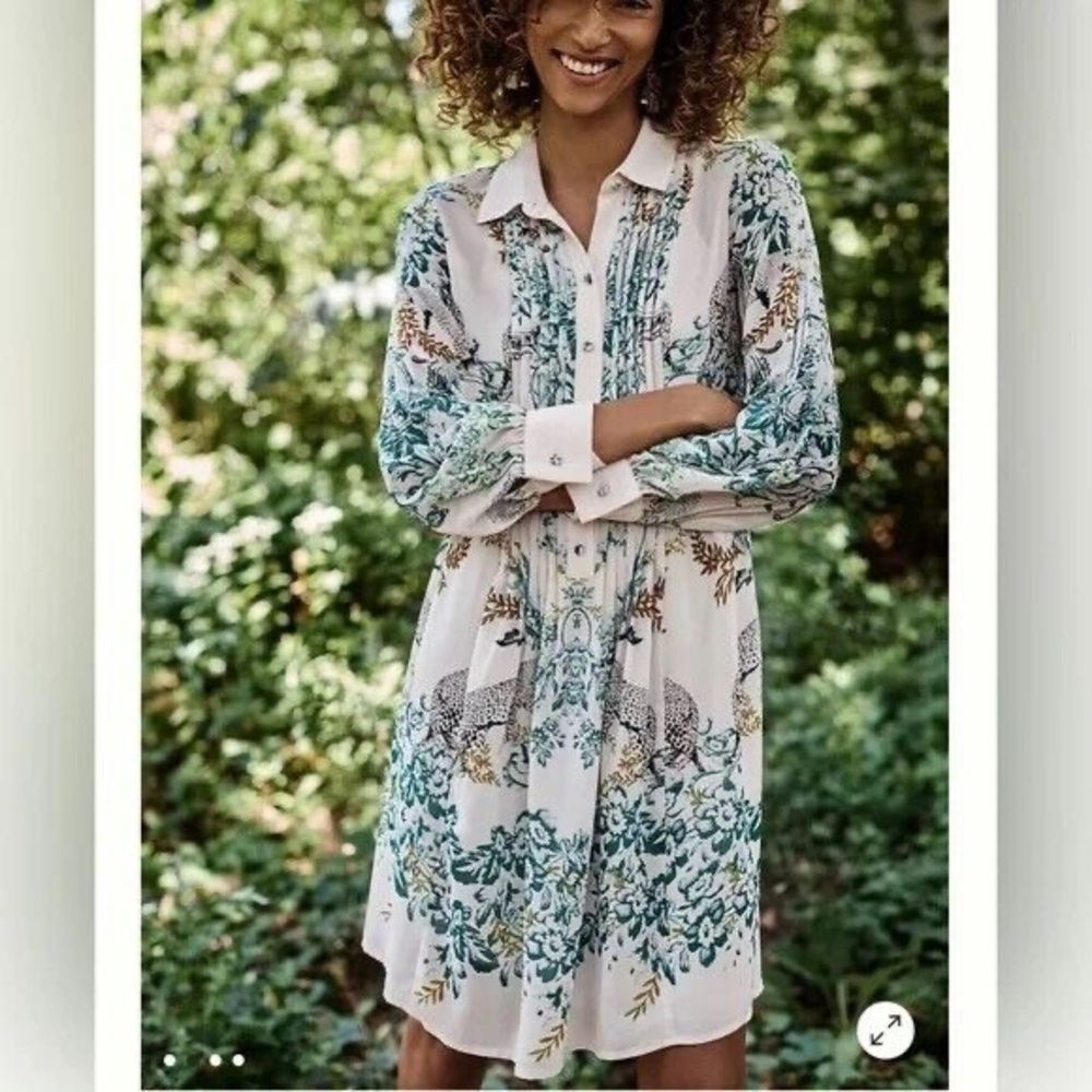 Anthropologie White and Green Buttoned Tie Front Dress